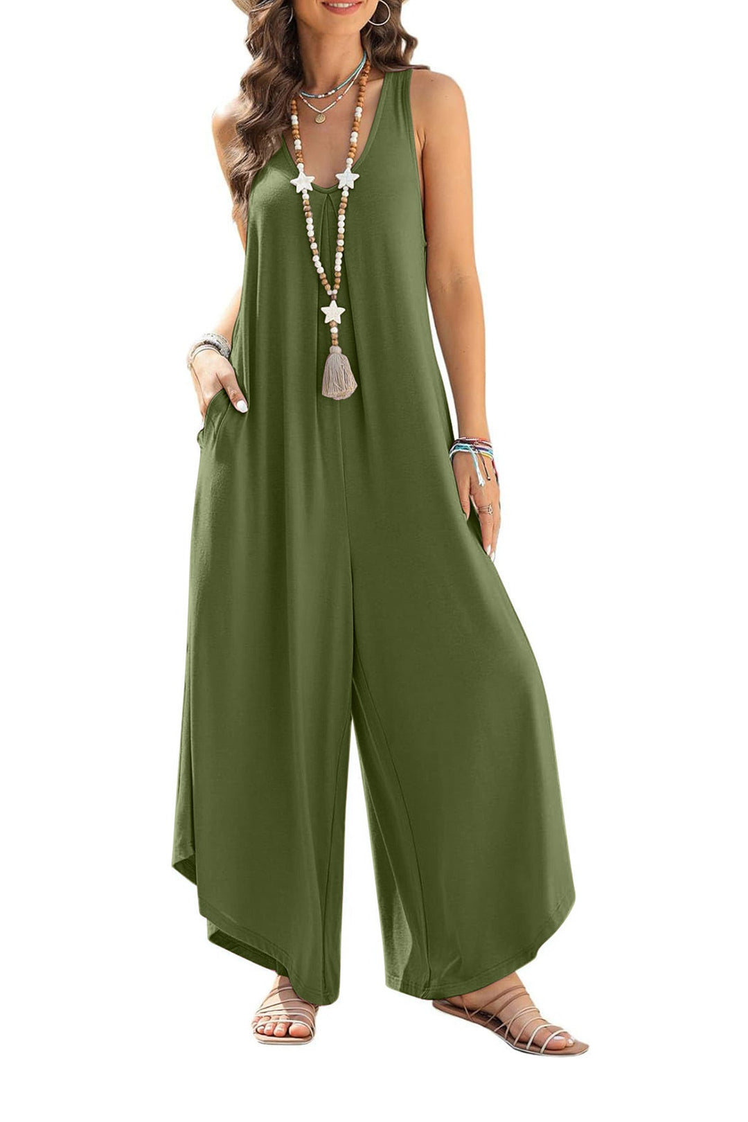 V Neck Solid Irregular Hem Cotton Jumpsuits Army Green · S
