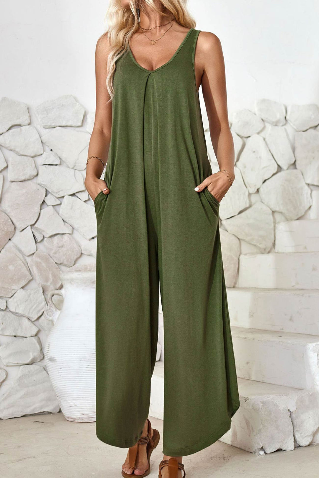V Neck Solid Irregular Hem Cotton Jumpsuits Army Green · M