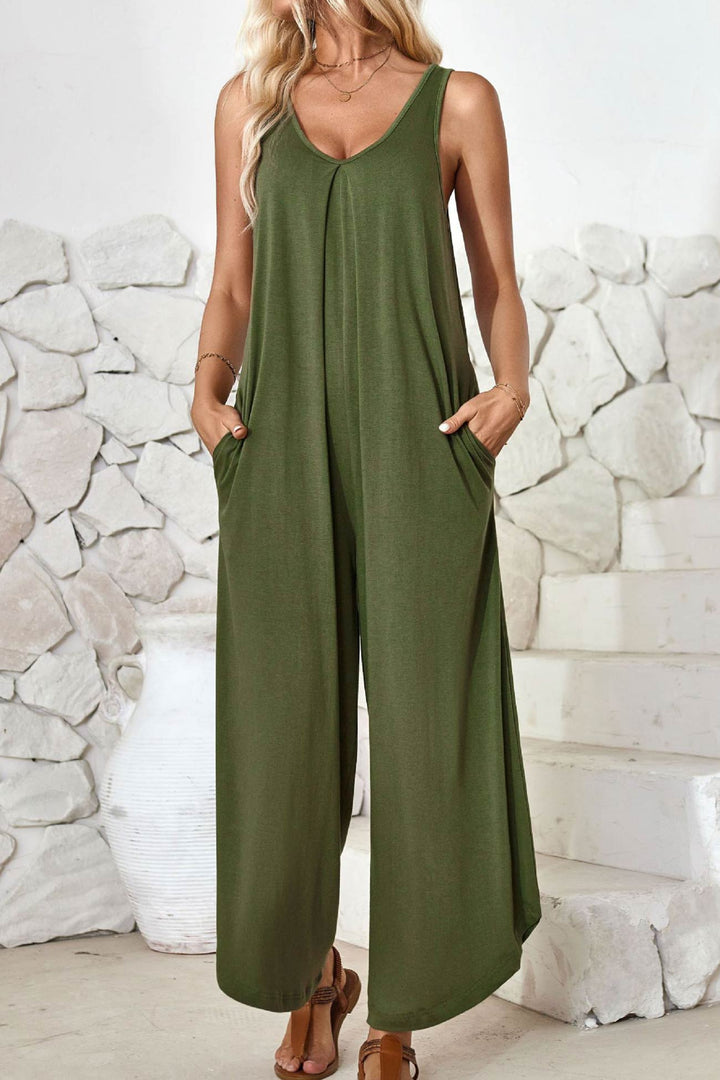 V Neck Solid Irregular Hem Cotton Jumpsuits Army Green · M