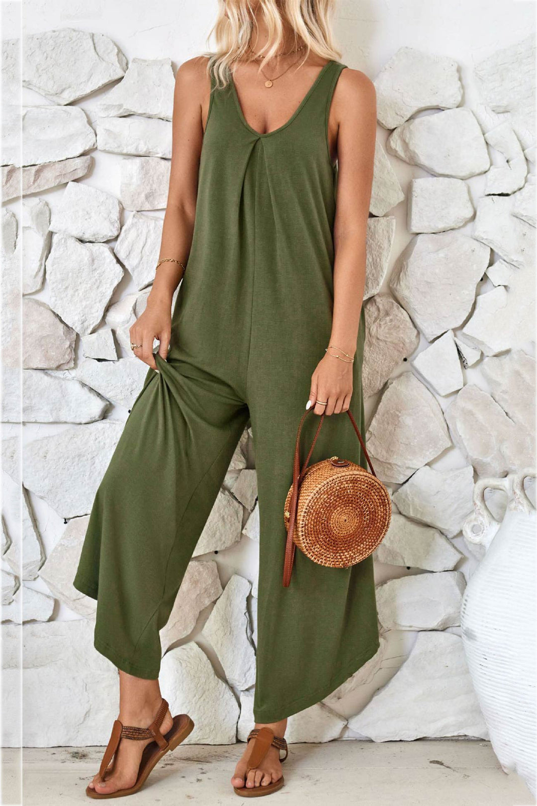 V Neck Solid Irregular Hem Cotton Jumpsuits Army Green · L