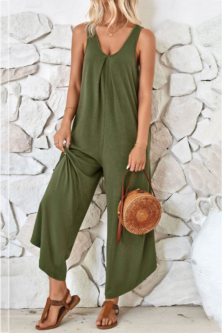 V Neck Solid Irregular Hem Cotton Jumpsuits Army Green · L