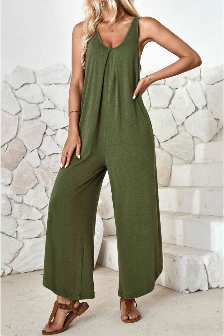 V Neck Solid Irregular Hem Cotton Jumpsuits Army Green · XL