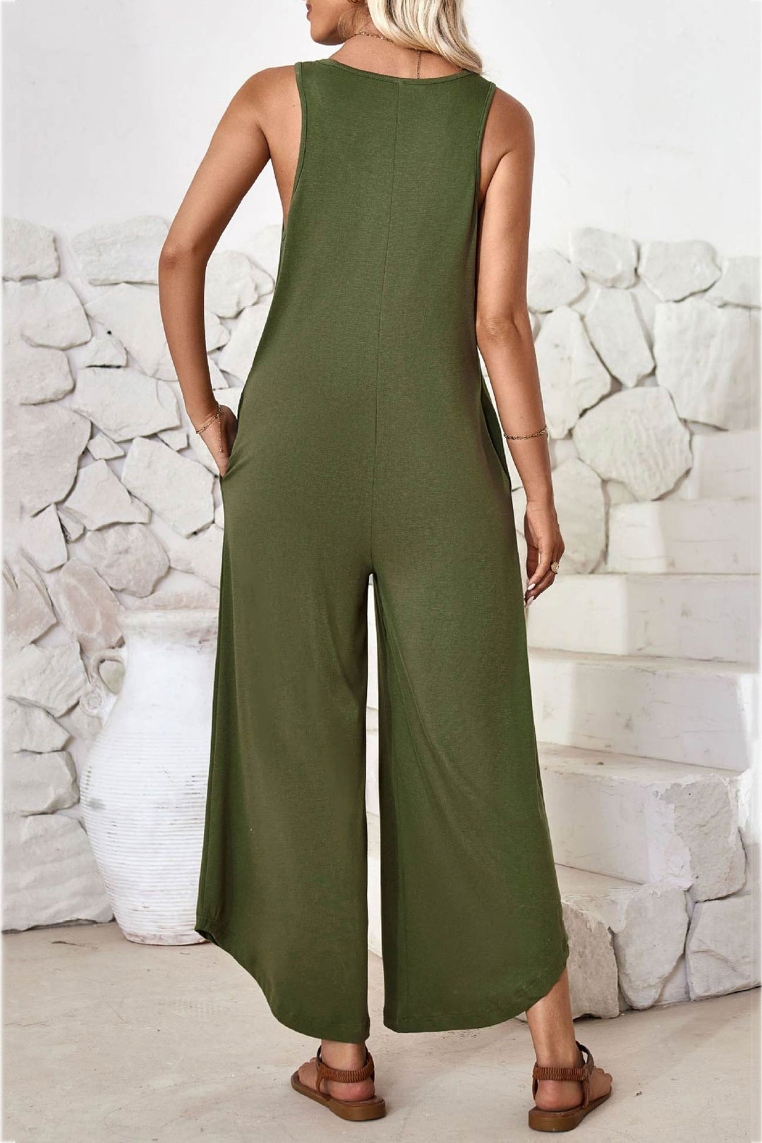 V Neck Solid Irregular Hem Cotton Jumpsuits Grey · M