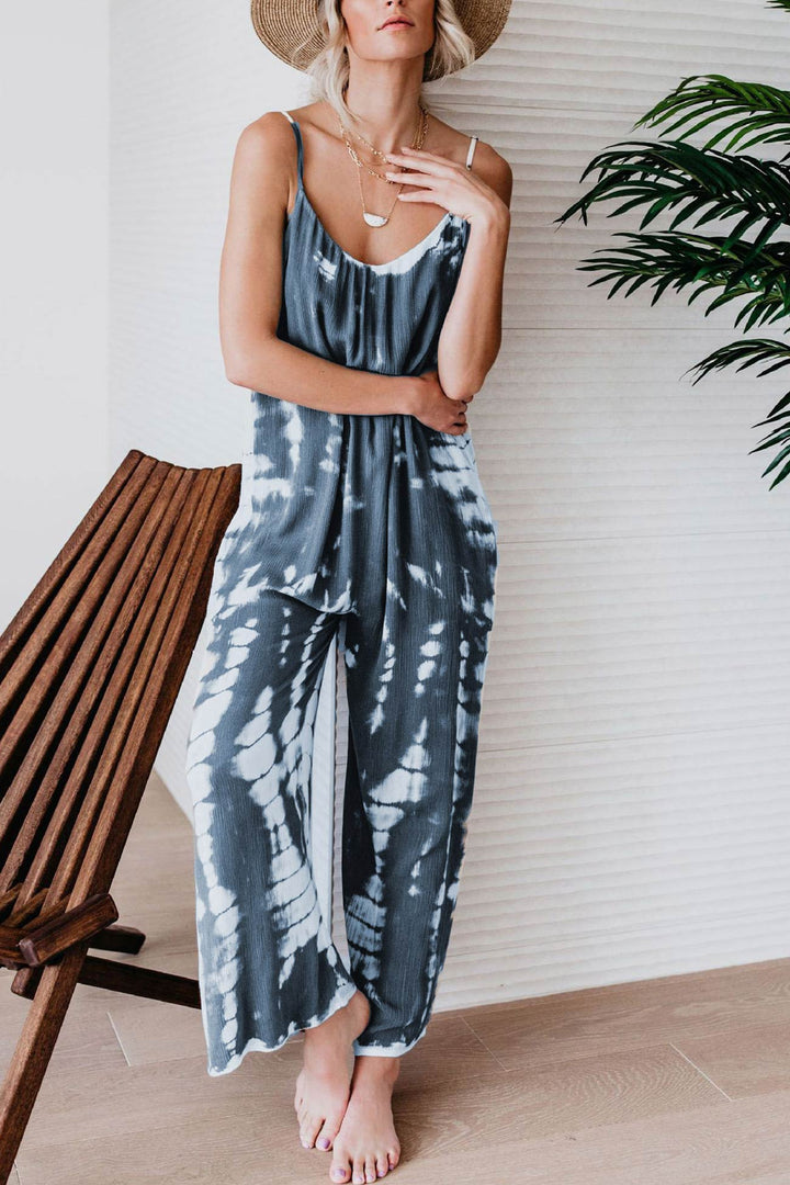 V Neck Tie Dyed Jumpsuits Green · M