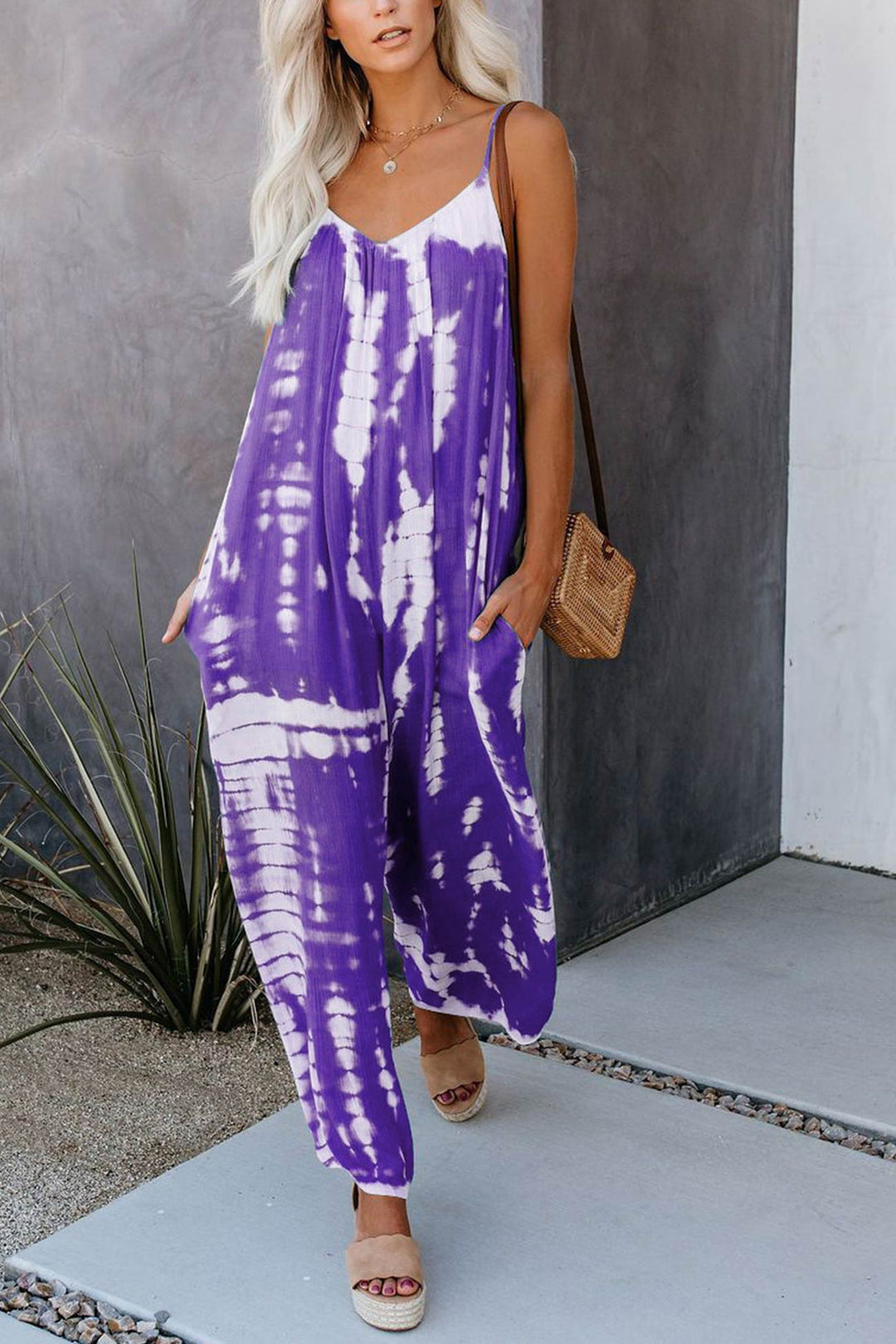 V Neck Tie Dyed Jumpsuits Pink · S