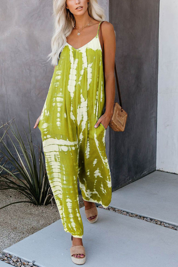 V Neck Tie Dyed Jumpsuits Grey · M