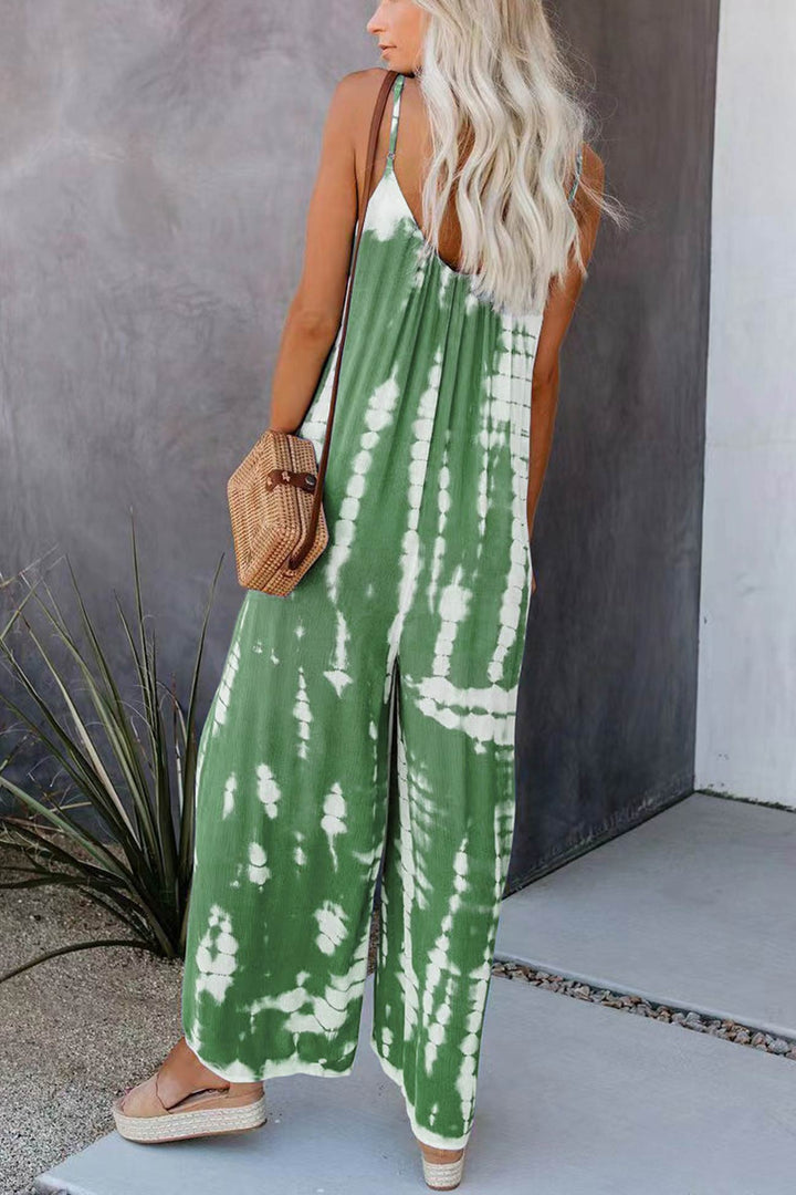 V Neck Tie Dyed Jumpsuits Green · S