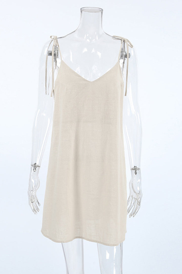 V Neck Tie-straps Backless Cami Dress Khaki · M