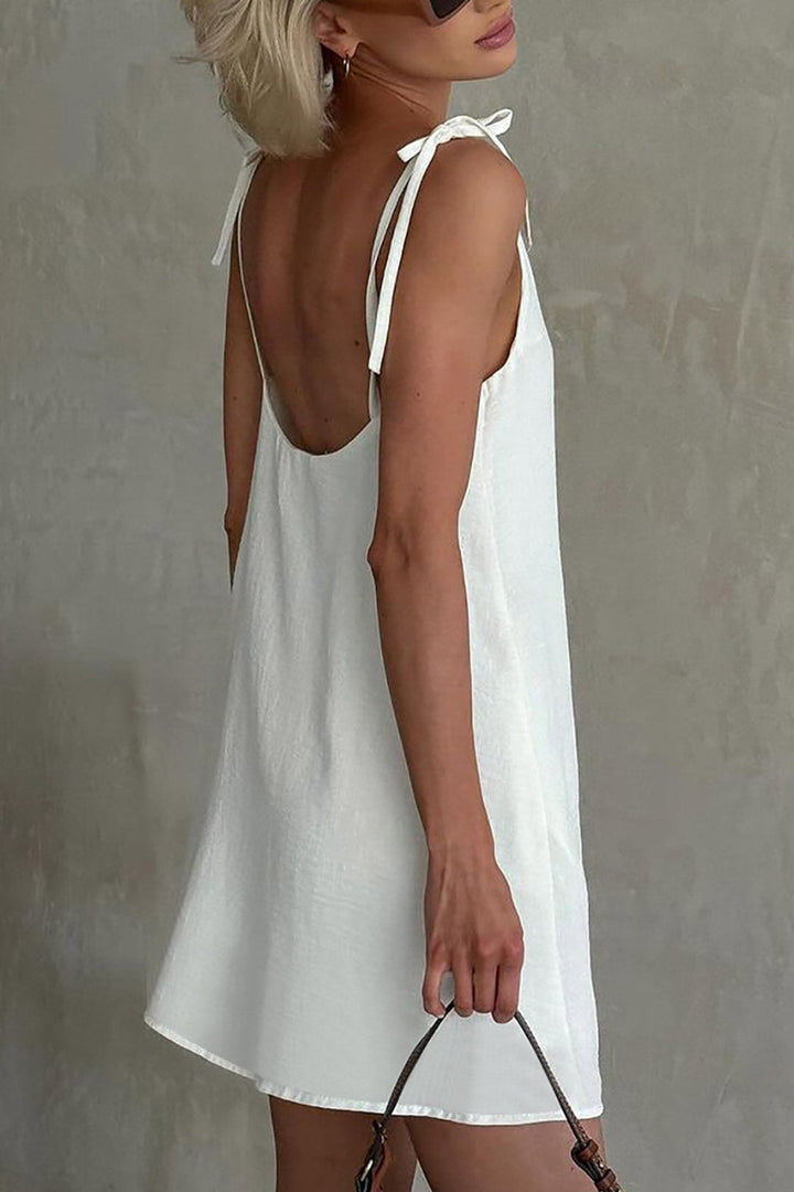 V Neck Tie-straps Backless Cami Dress White · M