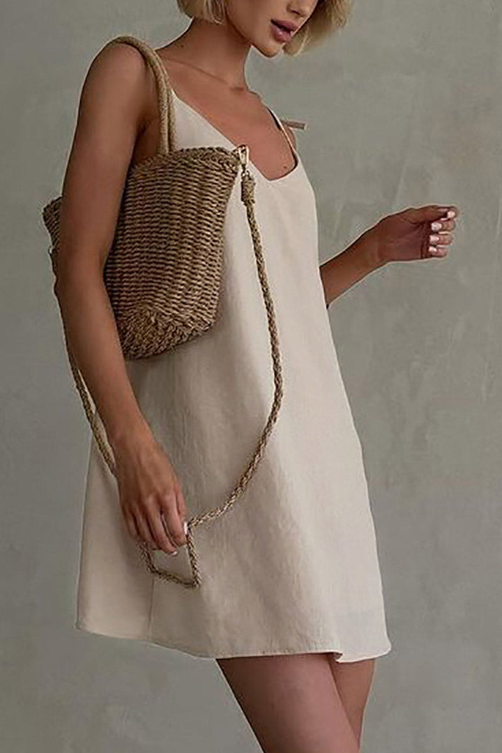 V Neck Tie-straps Backless Cami Dress Khaki · S
