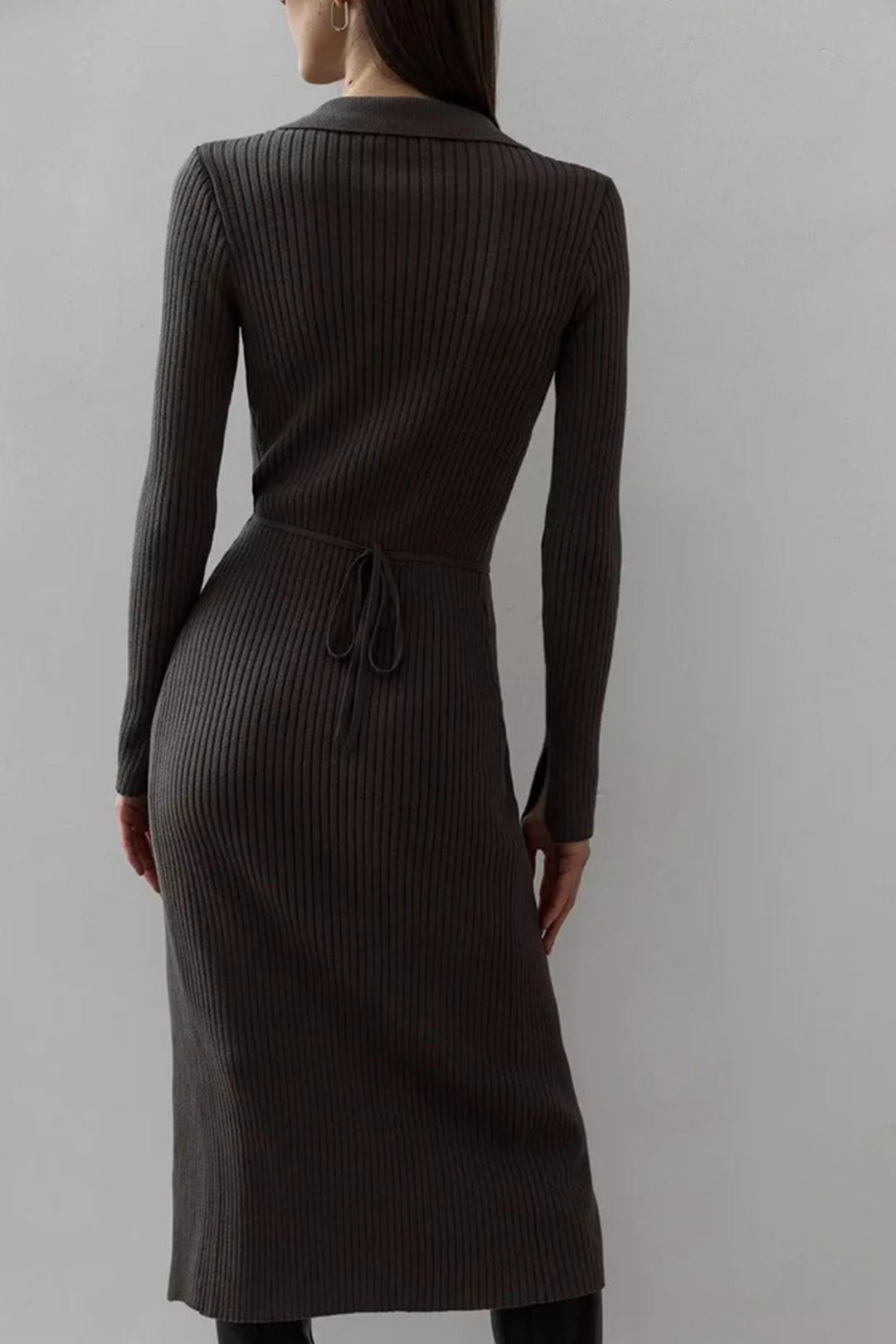 V Neck Tie-up Slit Knit Dress Coffee · M