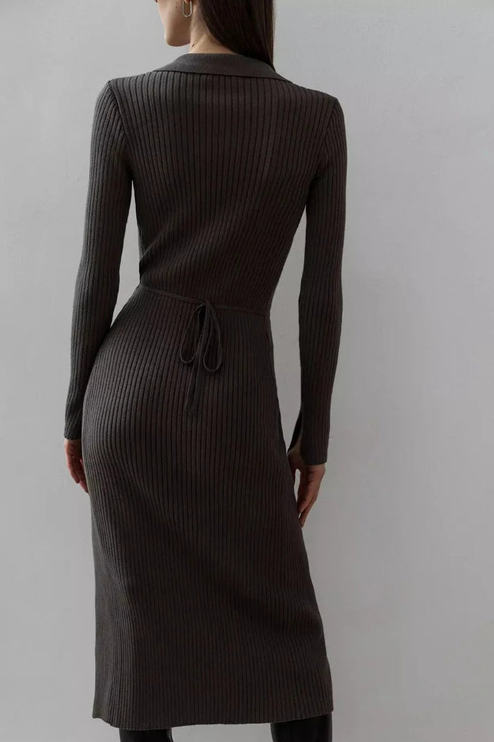 V Neck Tie-up Slit Knit Dress Coffee · M