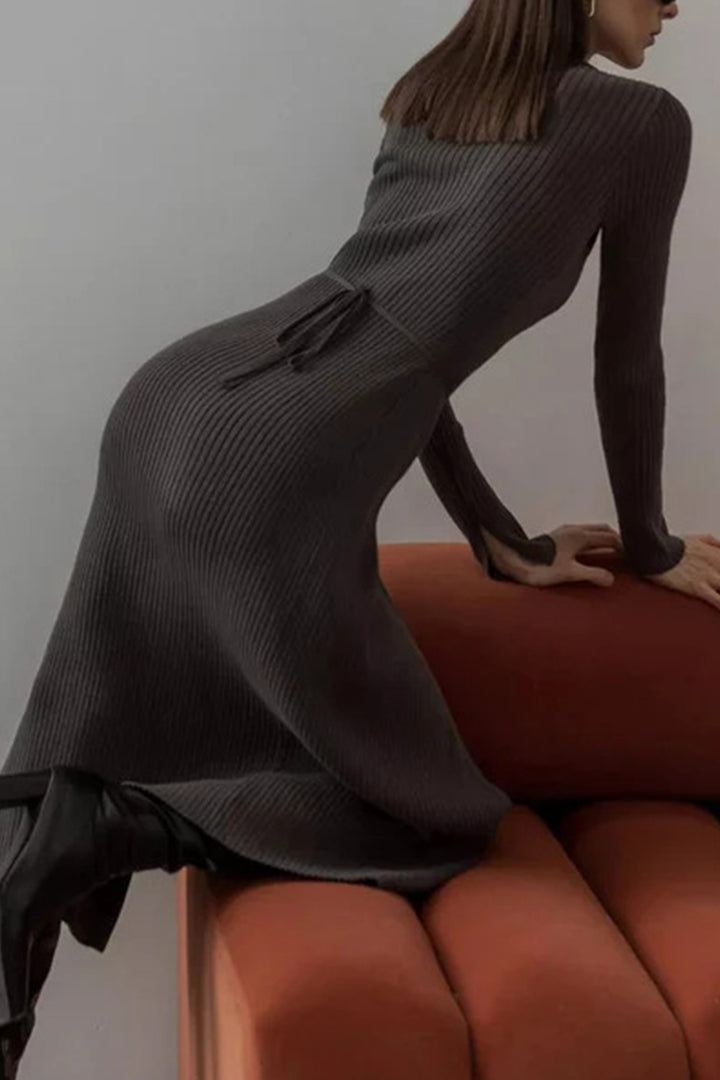 V Neck Tie-up Slit Knit Dress Coffee · S