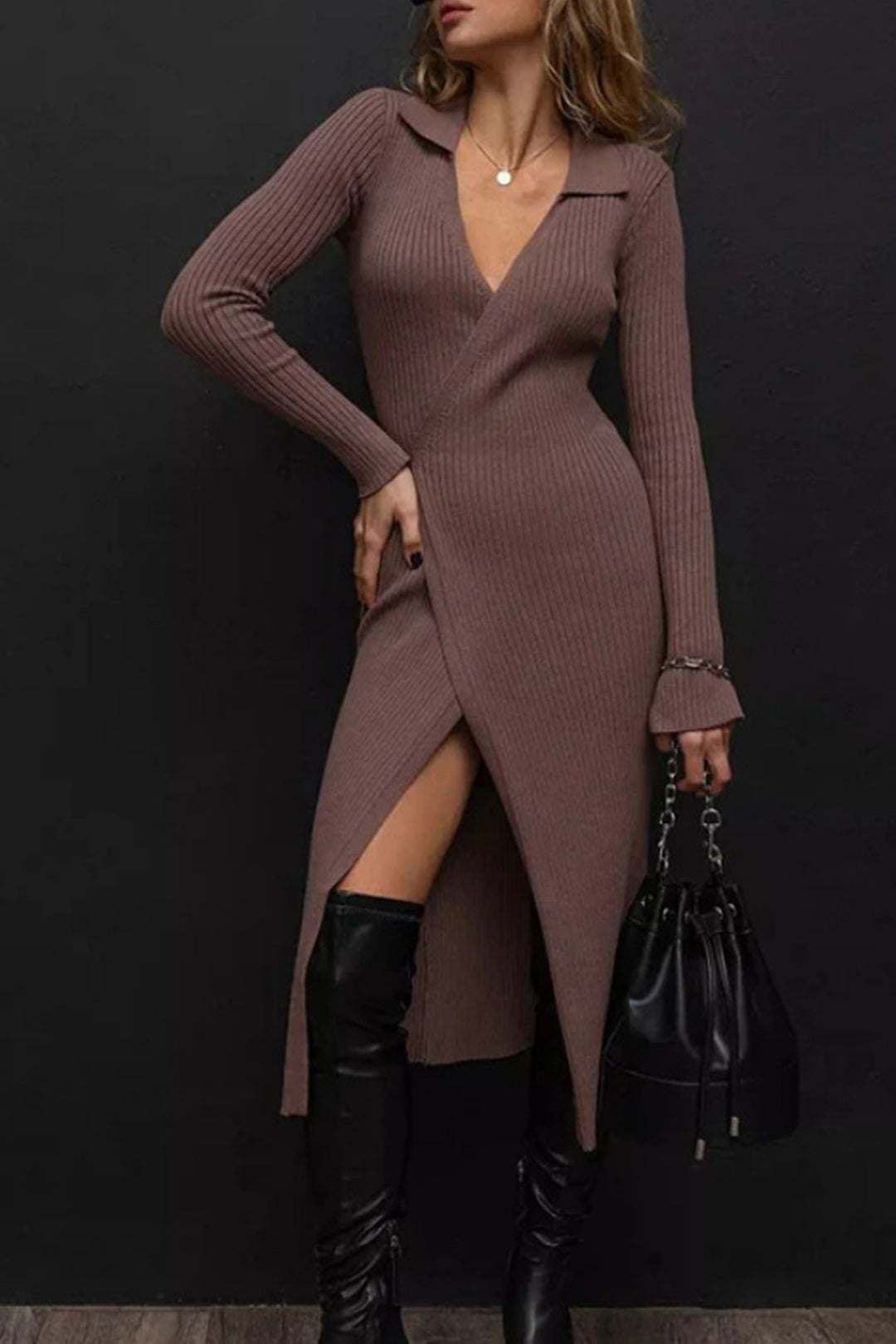 V Neck Tie-up Slit Knit Dress Light Grey · M