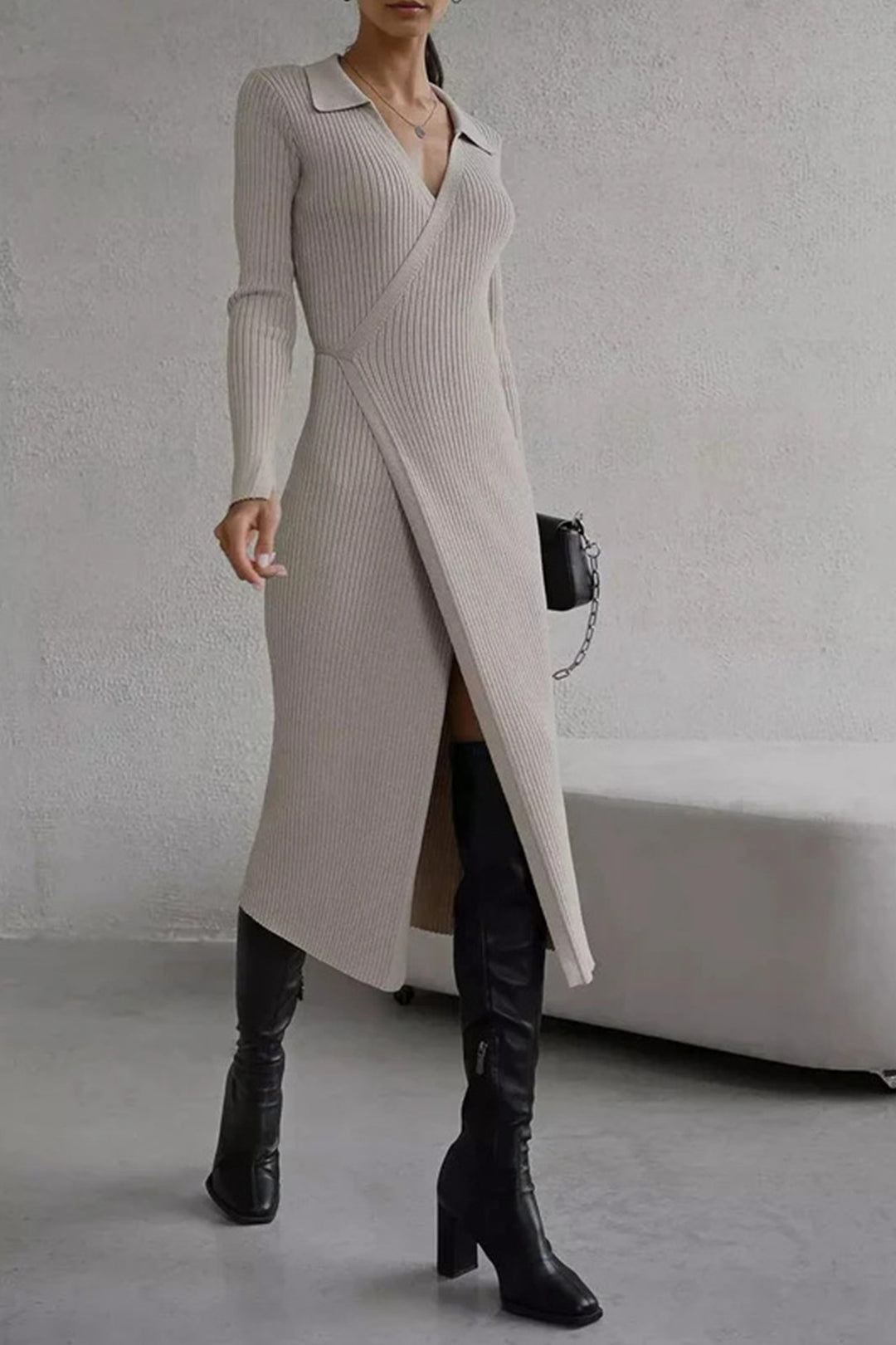 V Neck Tie-up Slit Knit Dress Green · M