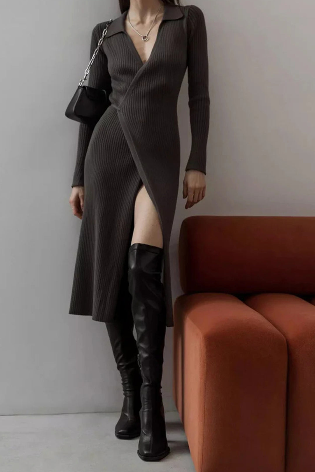 V Neck Tie-up Slit Knit Dress Light Grey · L