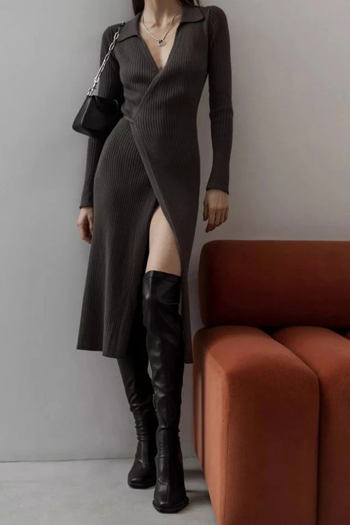 V Neck Tie-up Slit Knit Dress Light Grey · L