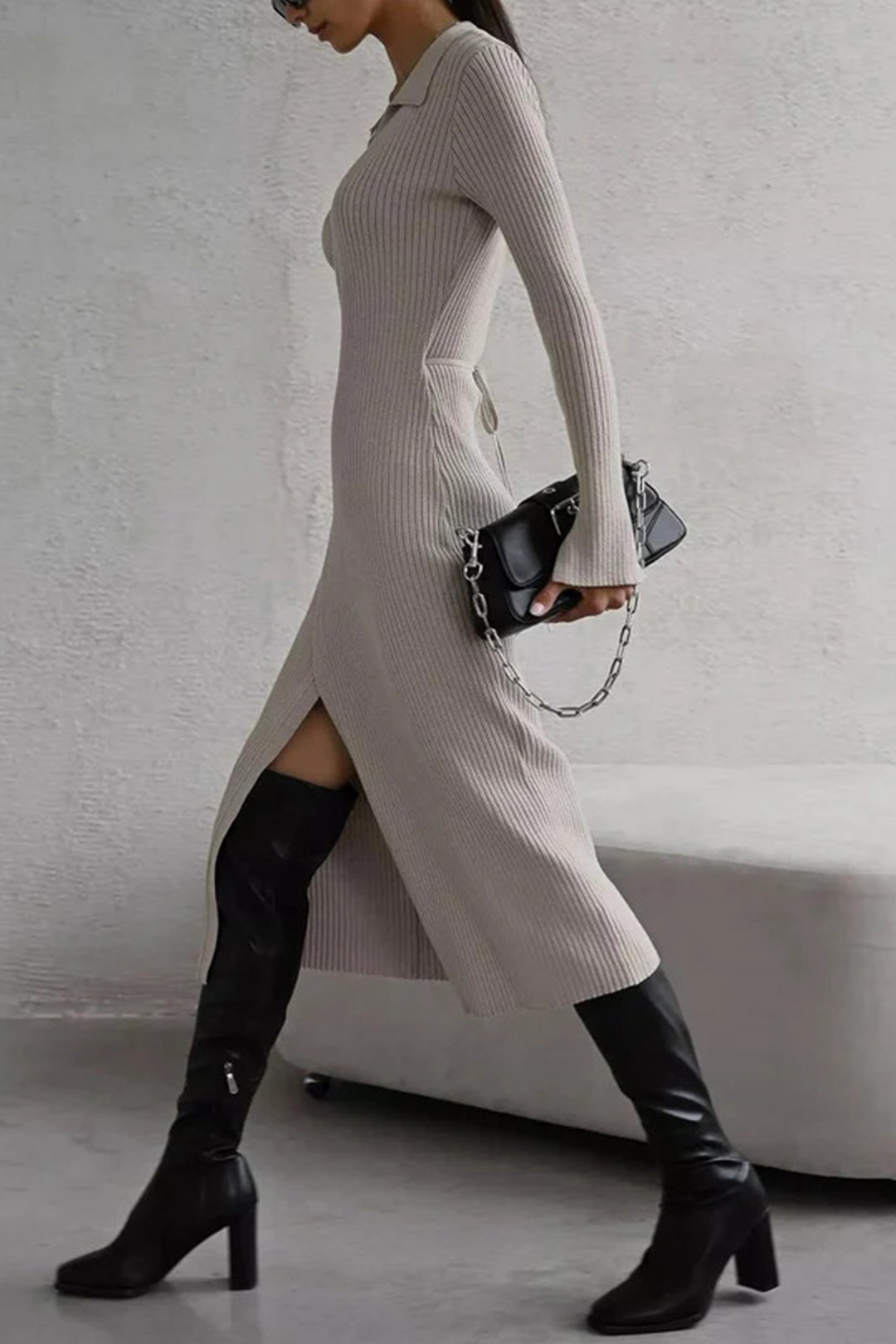 V Neck Tie-up Slit Knit Dress Green · L