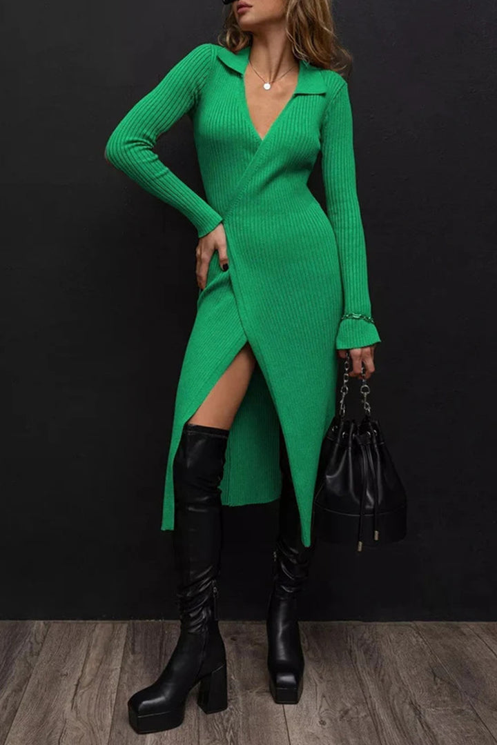 V Neck Tie-up Slit Knit Dress