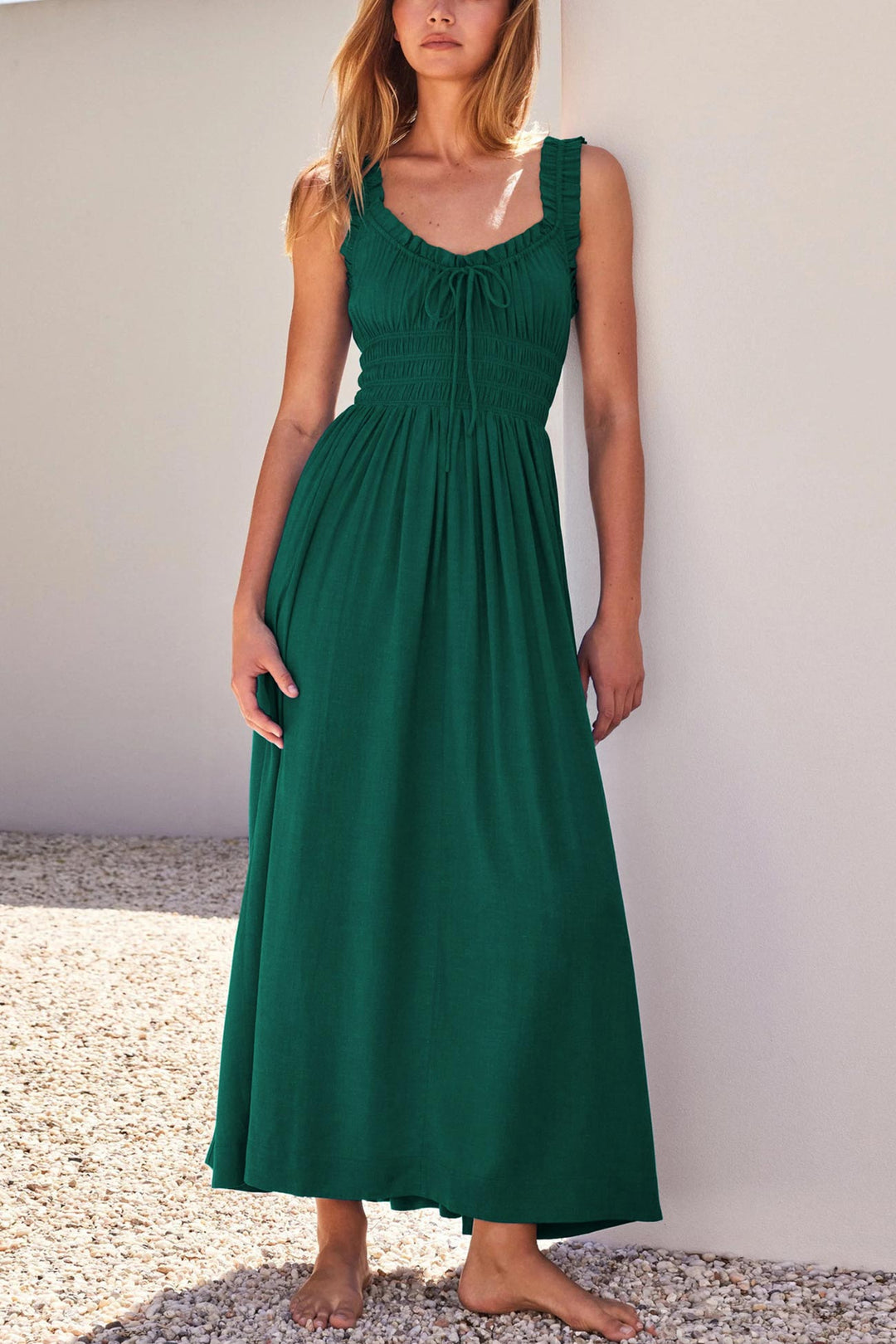 V Neck Tie-up Smocked Midi Dress Rose · XL