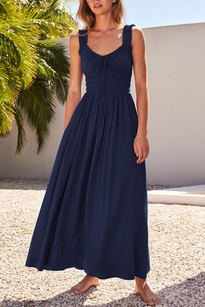 V Neck Tie-up Smocked Midi Dress Dark Green · 2XL