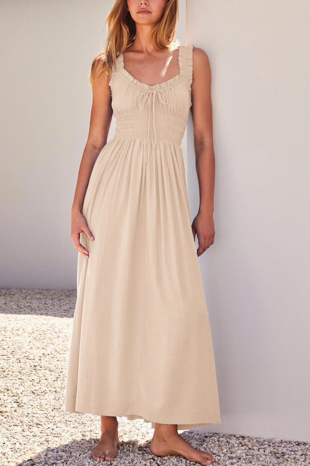 V Neck Tie-up Smocked Midi Dress Beige · M