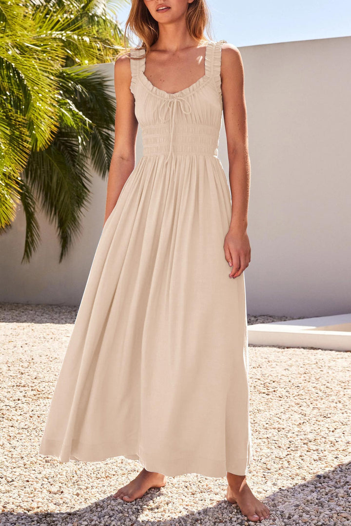 V Neck Tie-up Smocked Midi Dress Beige · L