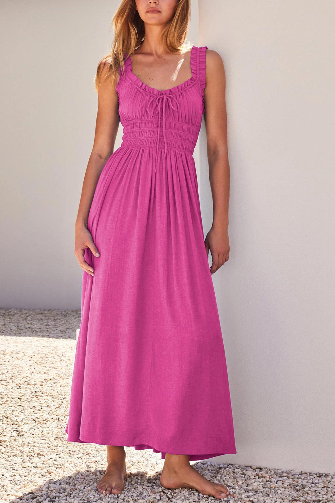 V Neck Tie-up Smocked Midi Dress Rose · M