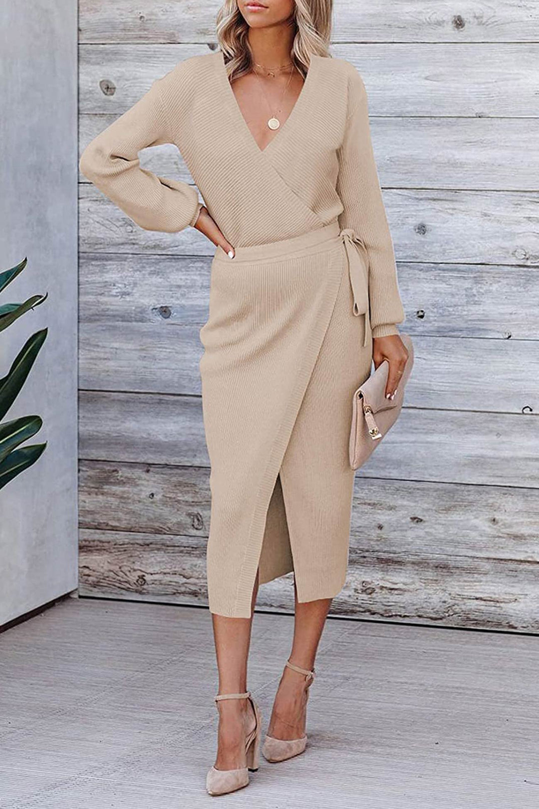 V Neck Tie-waist Slit Knit Dress Khaki · S