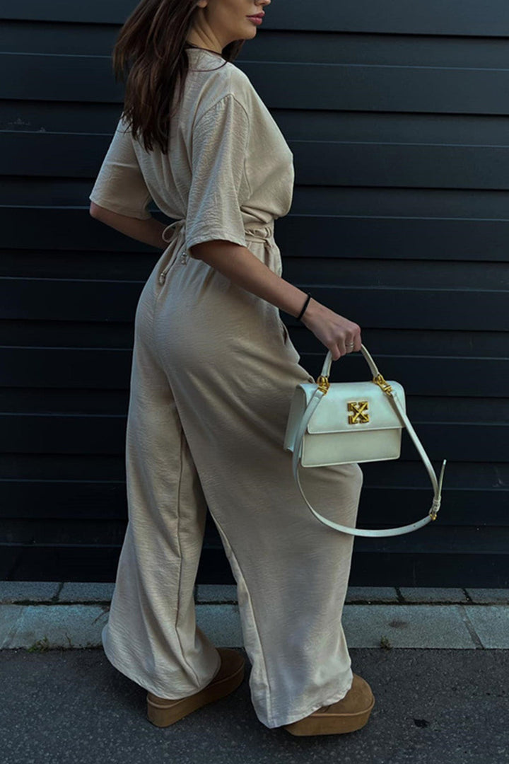 V Neck Tie-waist Wide Leg Jumpsuits Beige · S
