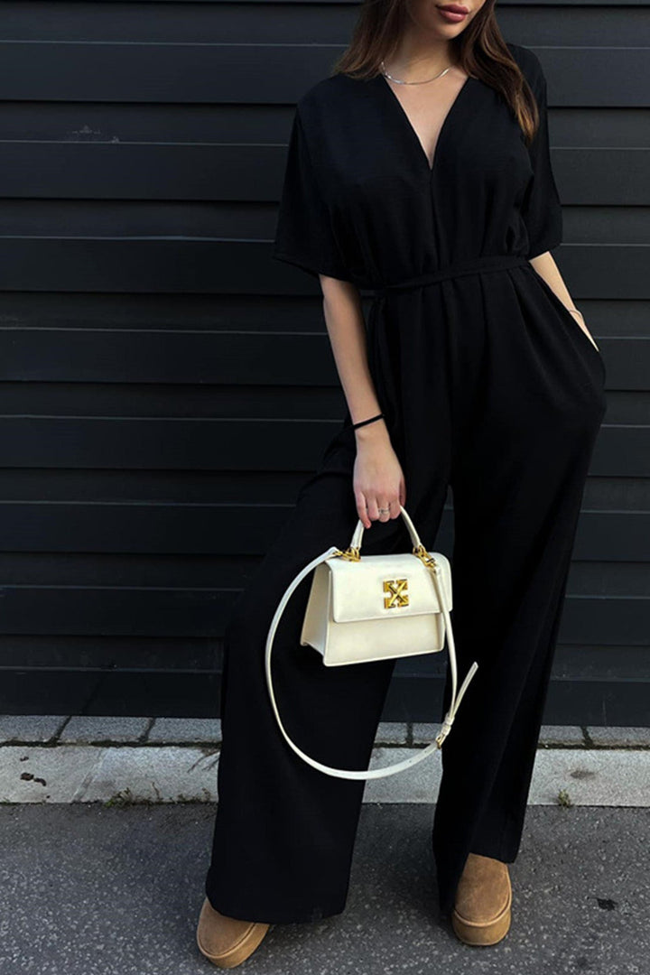 V Neck Tie-waist Wide Leg Jumpsuits Beige · L