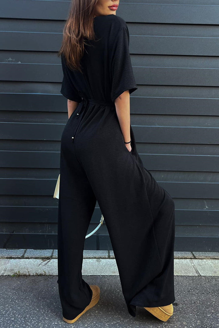 V Neck Tie-waist Wide Leg Jumpsuits Black · S