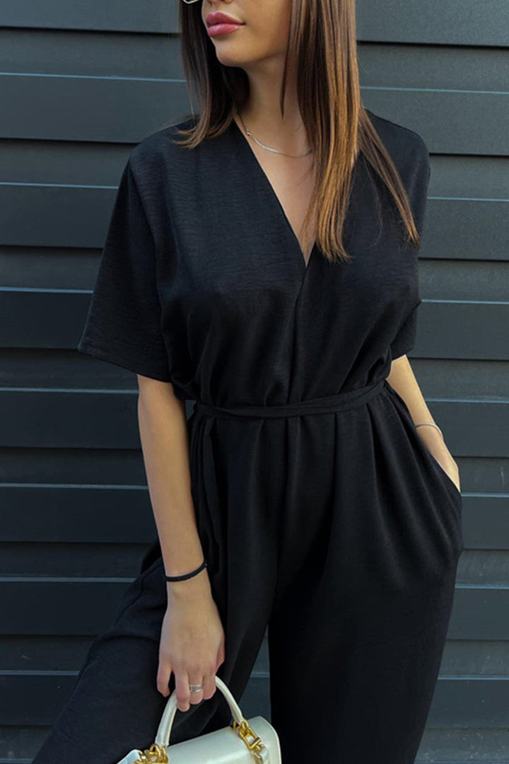 V Neck Tie-waist Wide Leg Jumpsuits Beige · XL