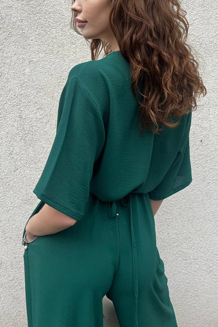 V Neck Tie-waist Wide Leg Jumpsuits Black · L