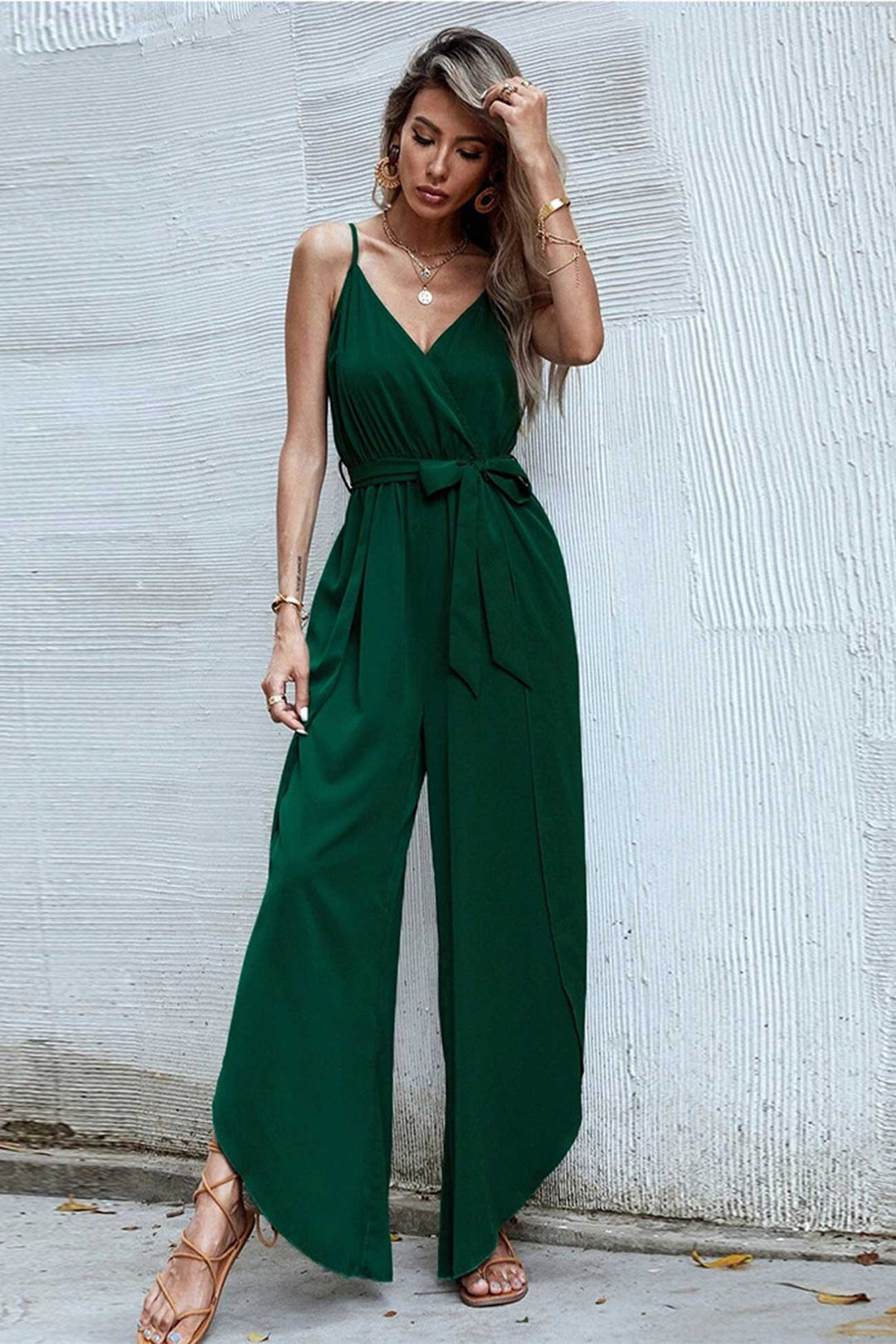 V Neck Waisted Slit Jumpsuits Green · L