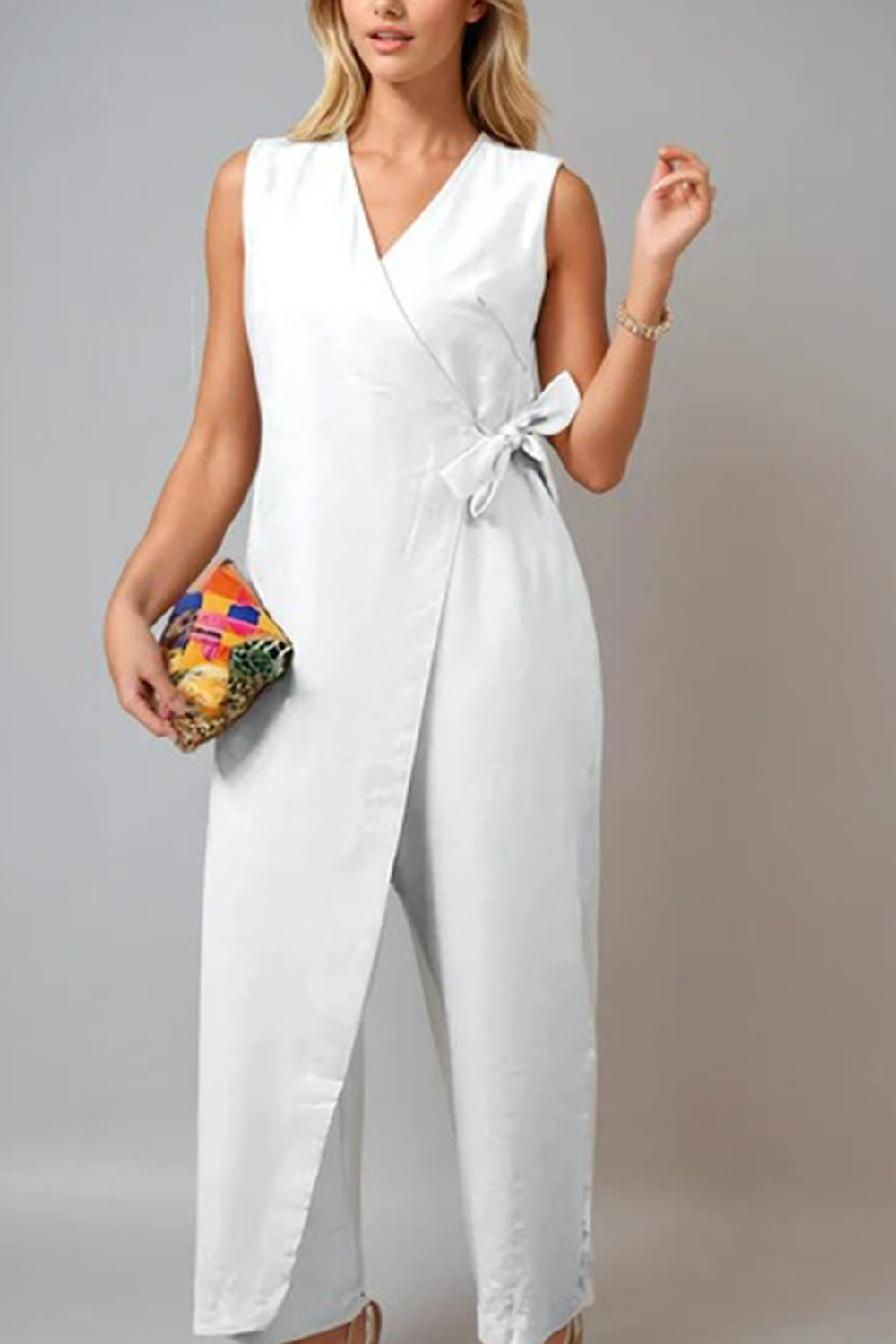 V Neck Zip-up Strappy Jumpsuits White · S