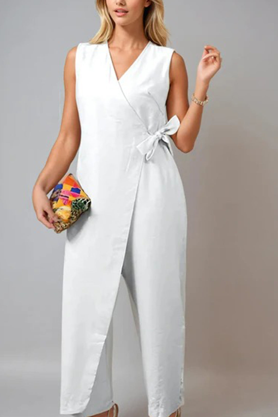 V Neck Zip-up Strappy Jumpsuits White · S