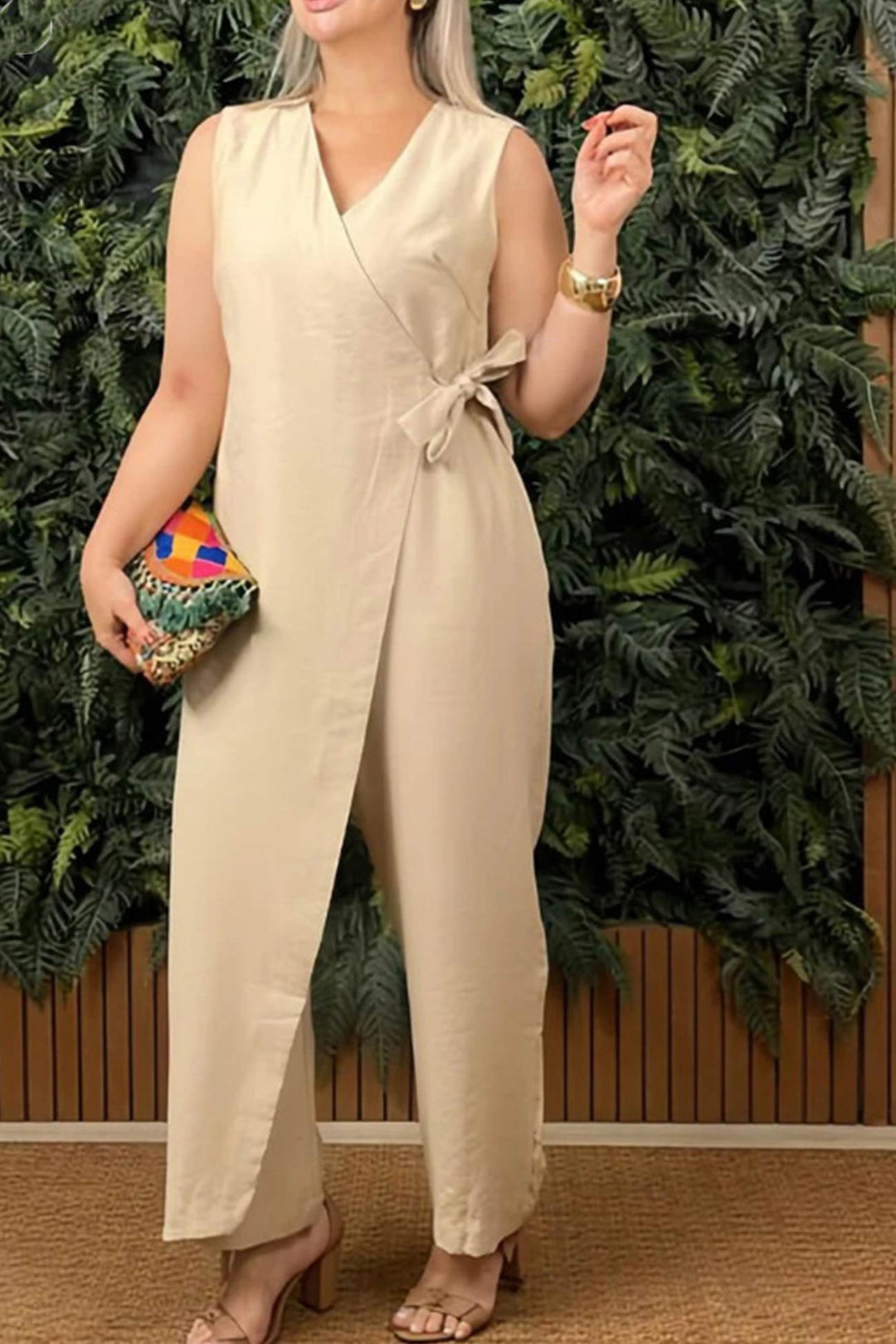 V Neck Zip-up Strappy Jumpsuits White · 3XL