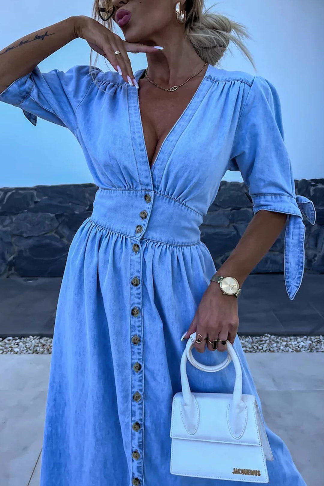 V-neck Single-breasted Denim Dress Pink · XL