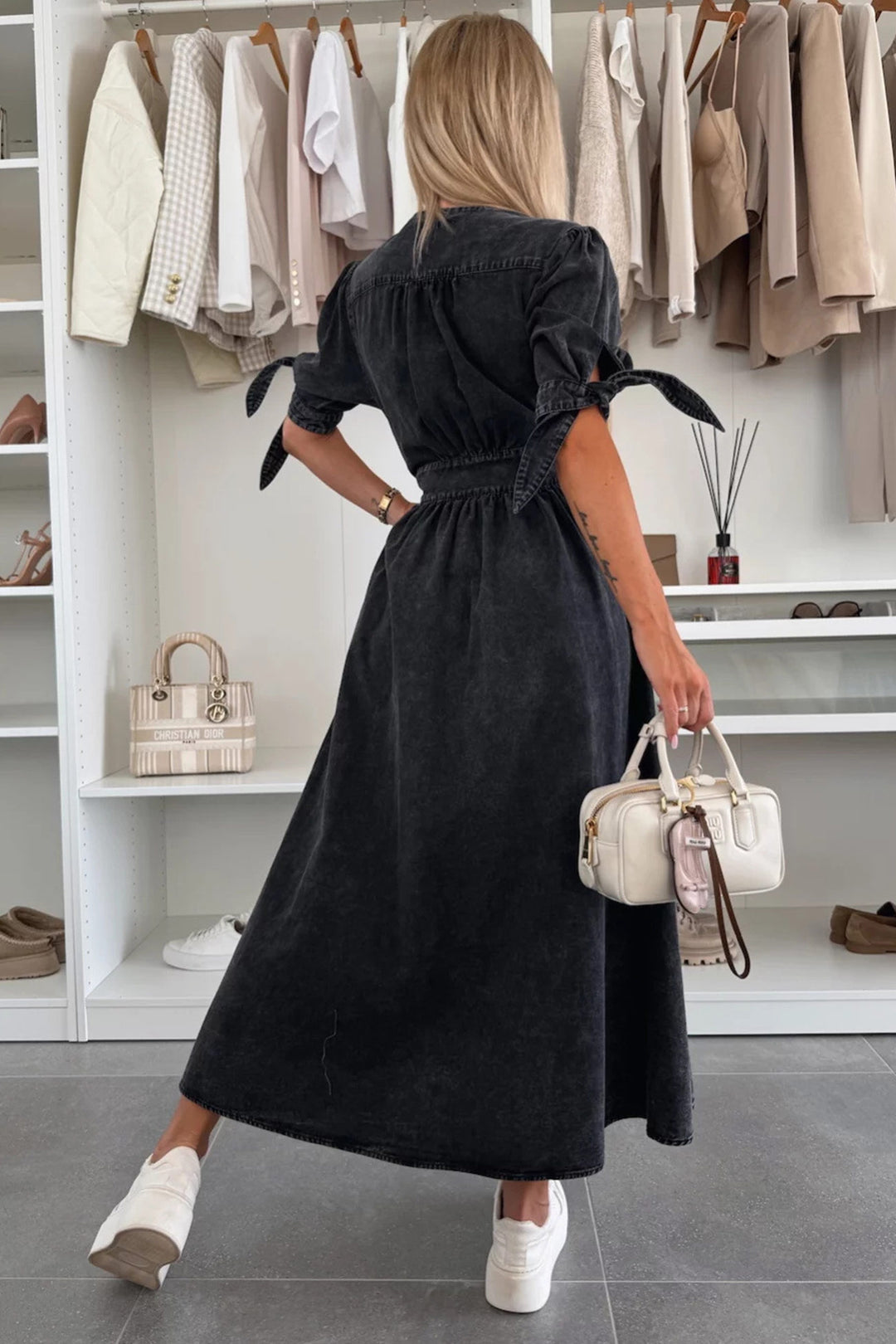 V-neck Single-breasted Denim Dress Black · S