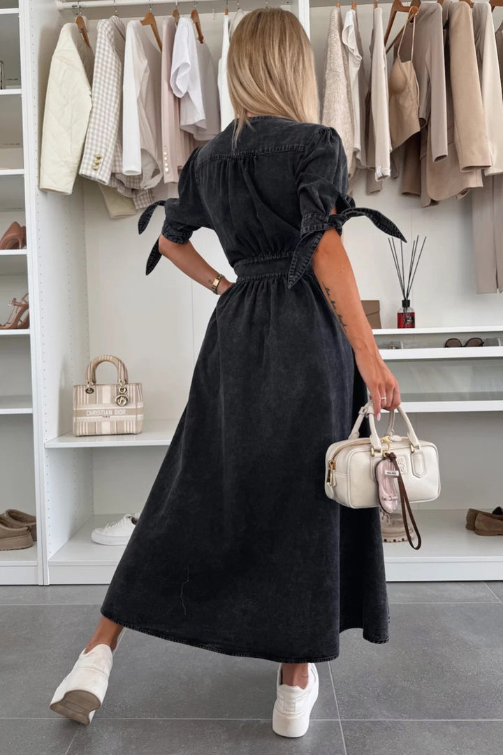 V-neck Single-breasted Denim Dress Black · S