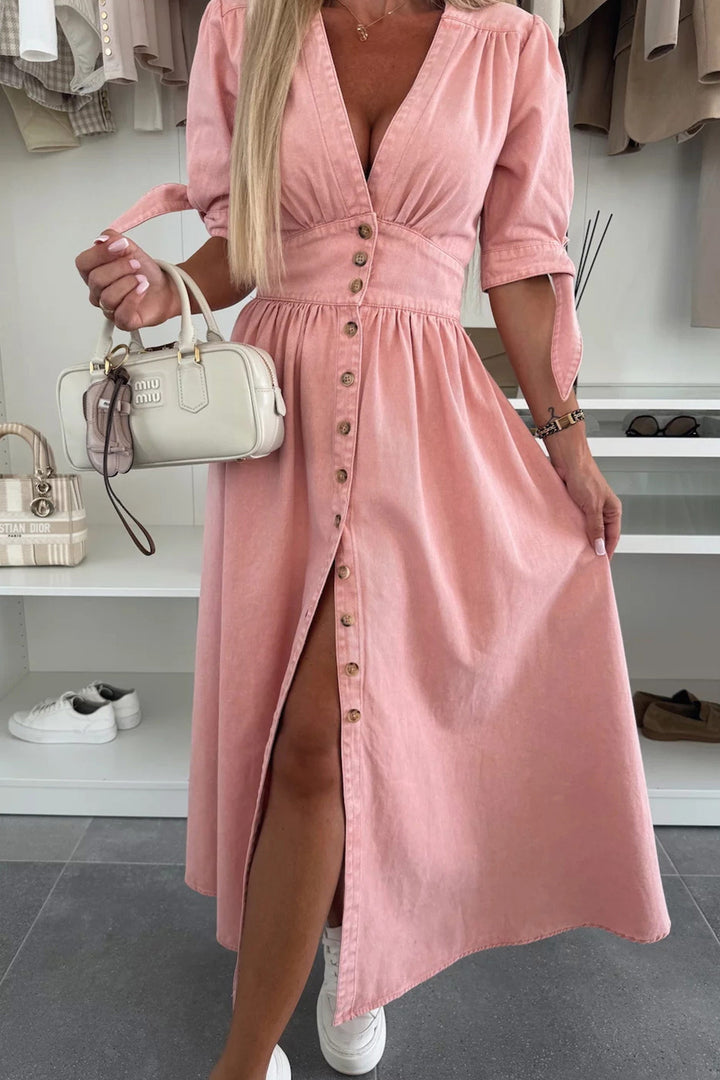 V-neck Single-breasted Denim Dress Pink · S