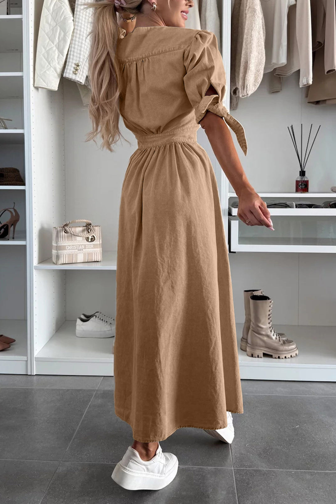 V-neck Single-breasted Denim Dress Army Green · XL