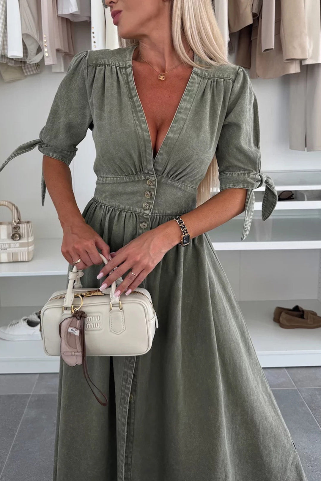 V-neck Single-breasted Denim Dress Black · XL