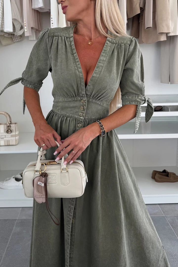 V-neck Single-breasted Denim Dress Black · XL