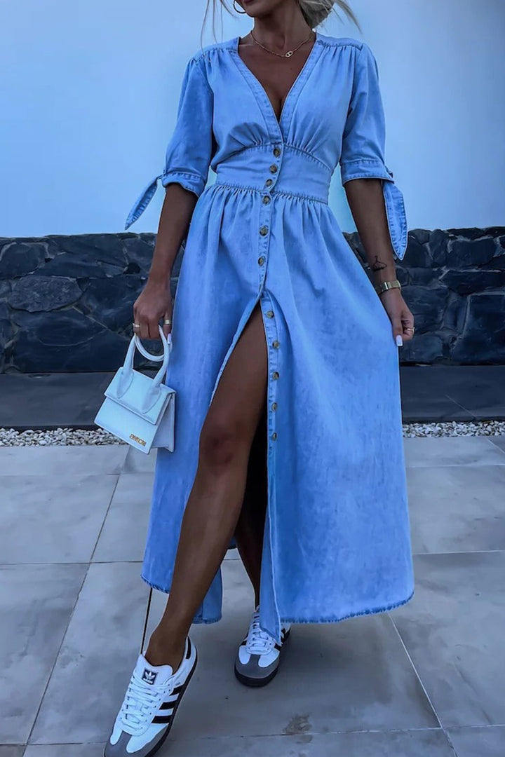 V-neck Single-breasted Denim Dress Pink · L