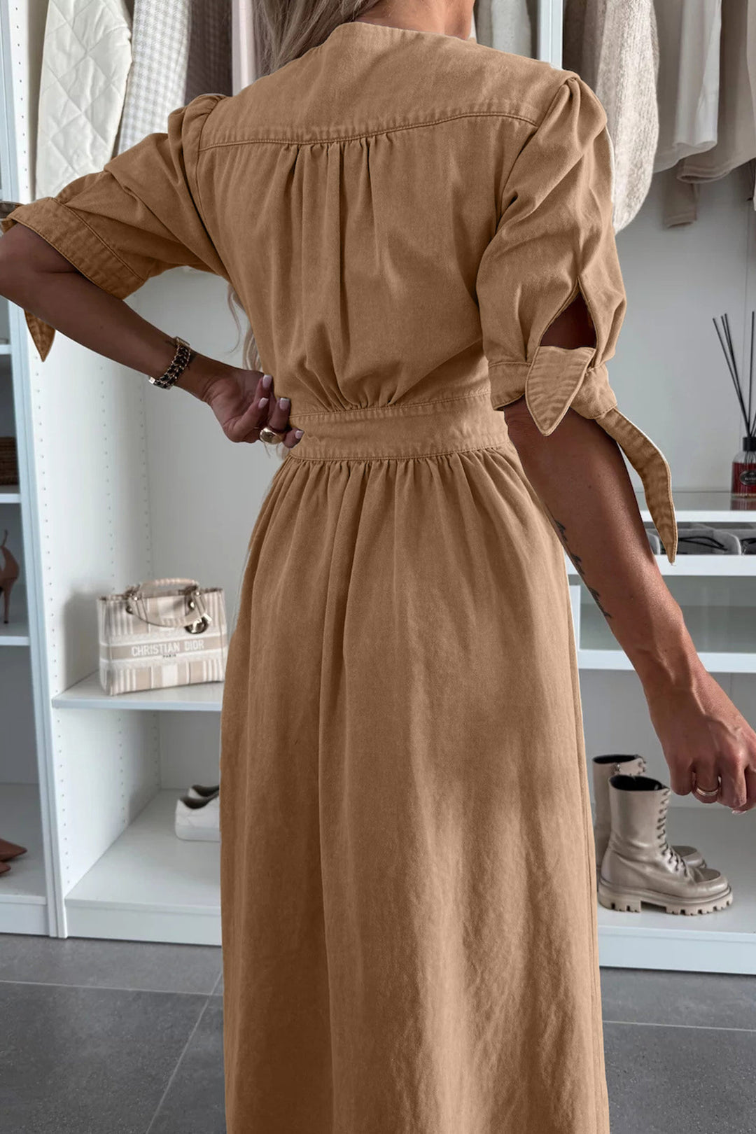 V-neck Single-breasted Denim Dress Khaki · S