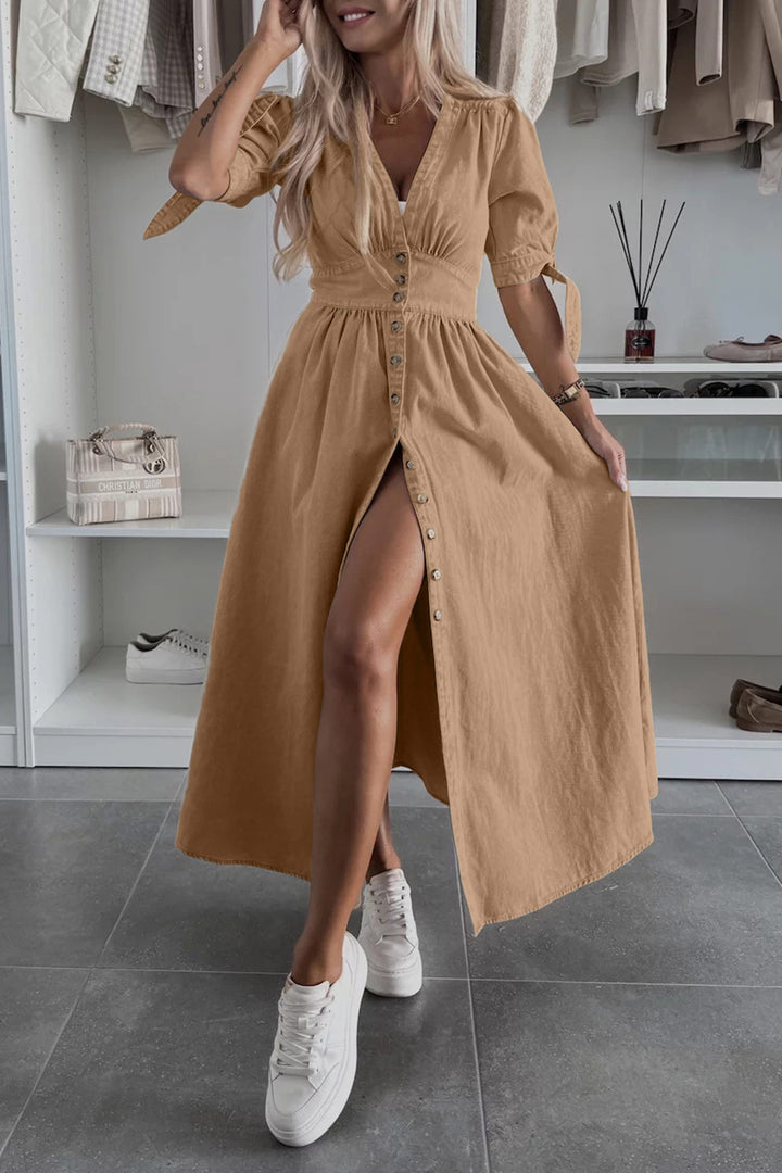 V-neck Single-breasted Denim Dress Army Green · L