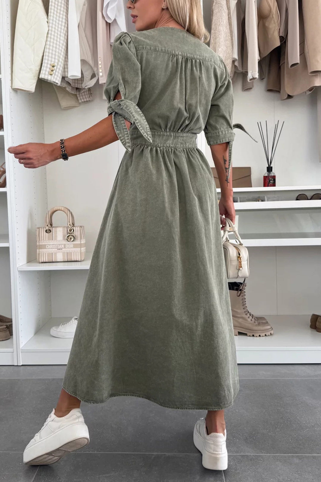 V-neck Single-breasted Denim Dress Army Green · S