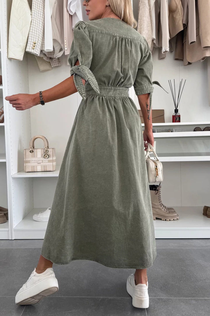 V-neck Single-breasted Denim Dress Army Green · S